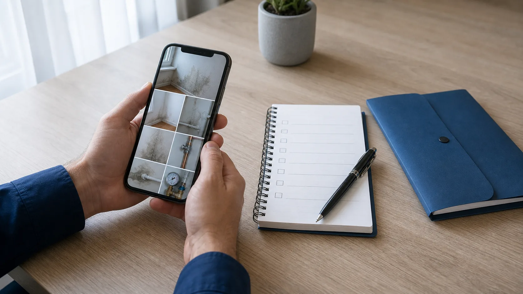 Smartphone mit Fotos eines Feuchteflecks und Notizblock mit Checkliste ohne lesbaren Text auf einem Tisch