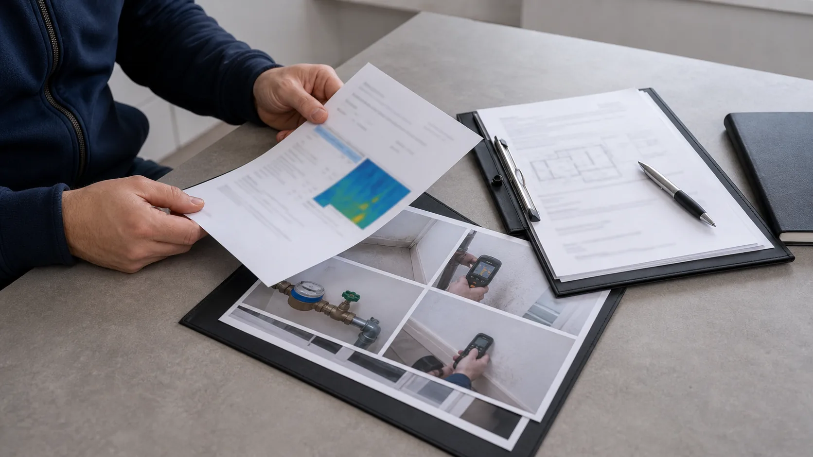 Techniker legt ein Messprotokoll und Fotos auf einem Tisch aus, neutraler Look ohne Logos oder lesbare Daten
