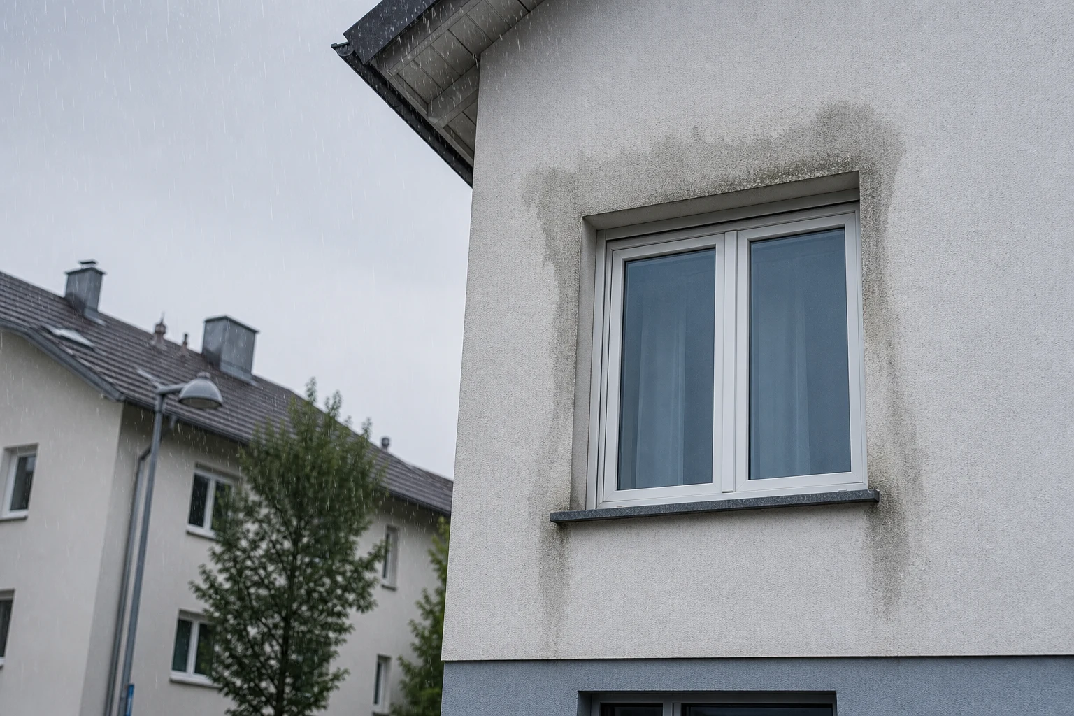Wohnhausfassade mit Fenstern waehrend starken Regens und sichtbarer Feuchtezone an der Laibung