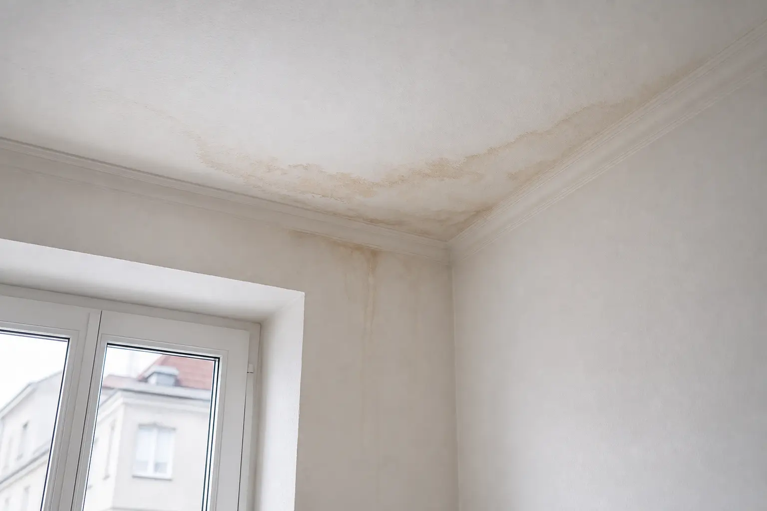 Sichtbare Feuchte an Decke und Wand nach moeglichem Wassereintritt ueber Dach oder Anschlussbereich