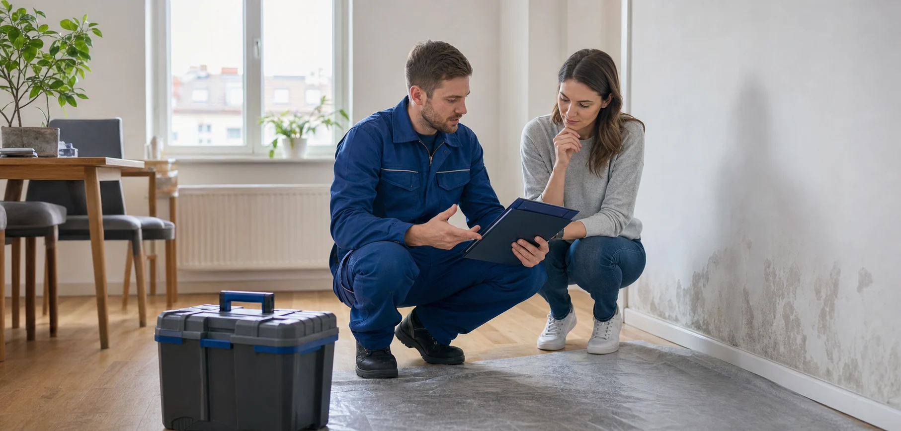 Techniker prüft in einer Wohnung frühzeitig Feuchtigkeit wegen modrigem Geruch