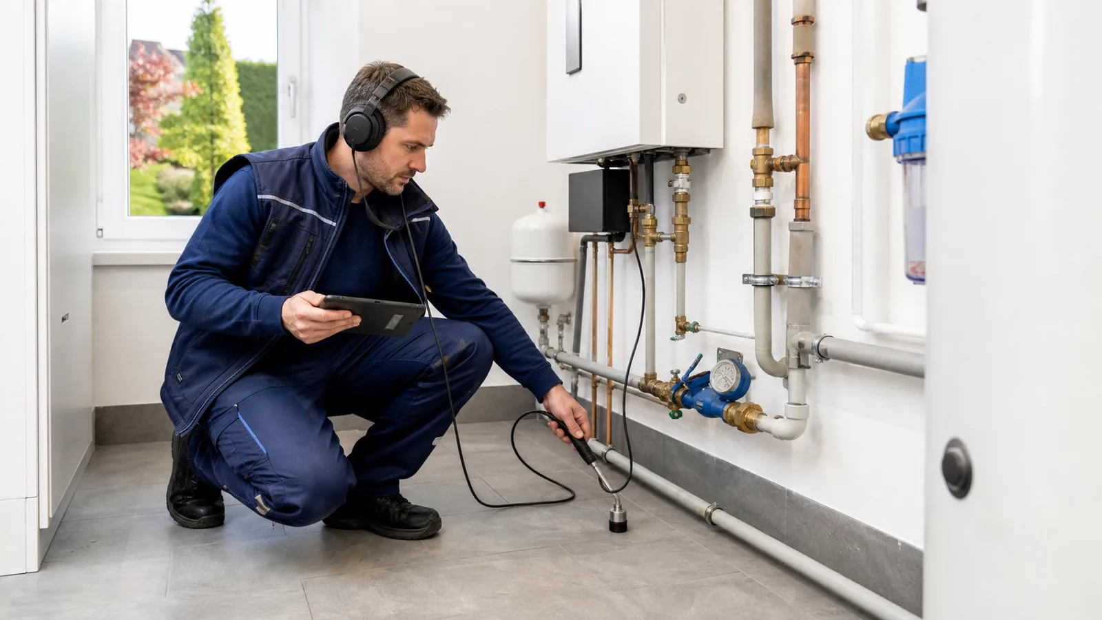Leckortungstechniker prueft Wasserleitung im Technikraum eines Hauses im Burgenland
