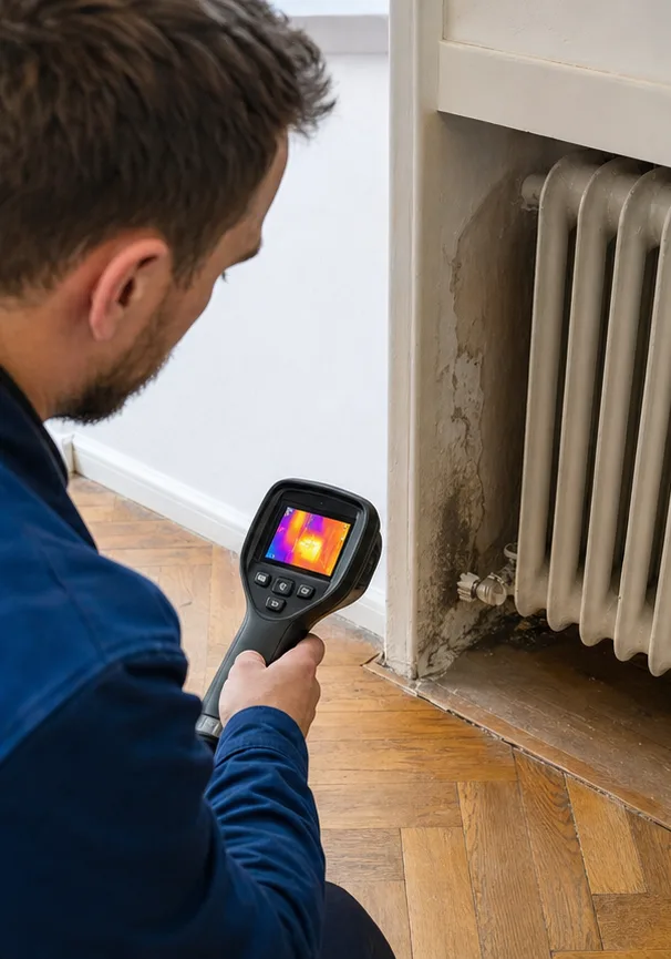 Thermografie und Feuchtemessung an einer Radiatornische