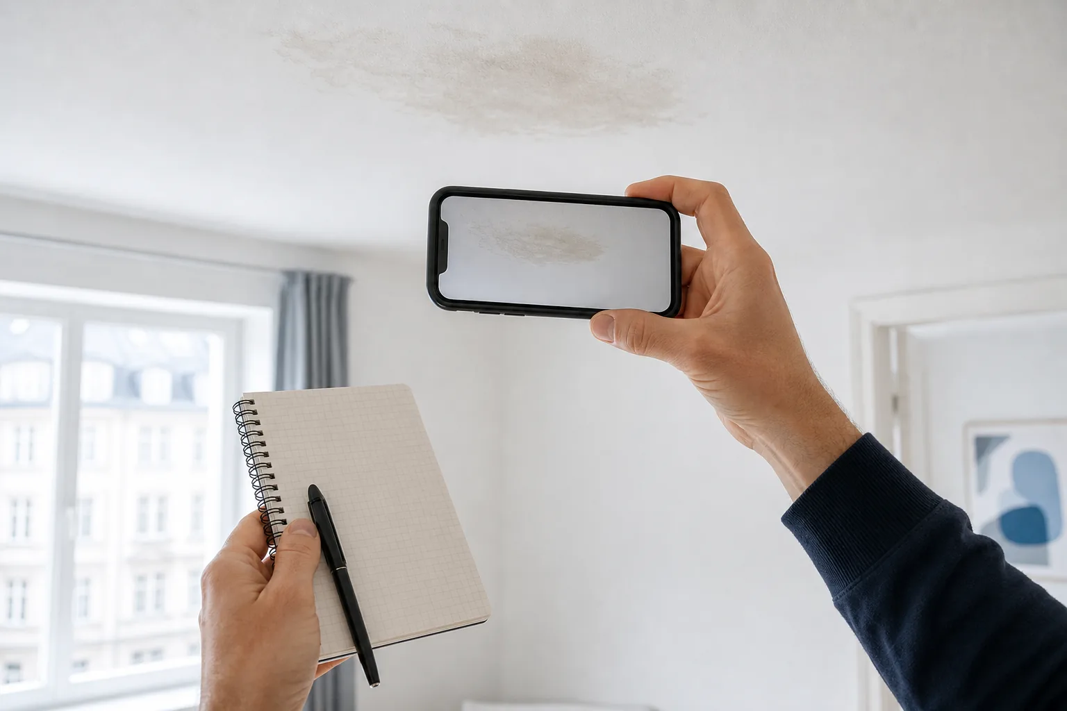 Fotodokumentation einer Feuchtezone mit neutralen Notizen