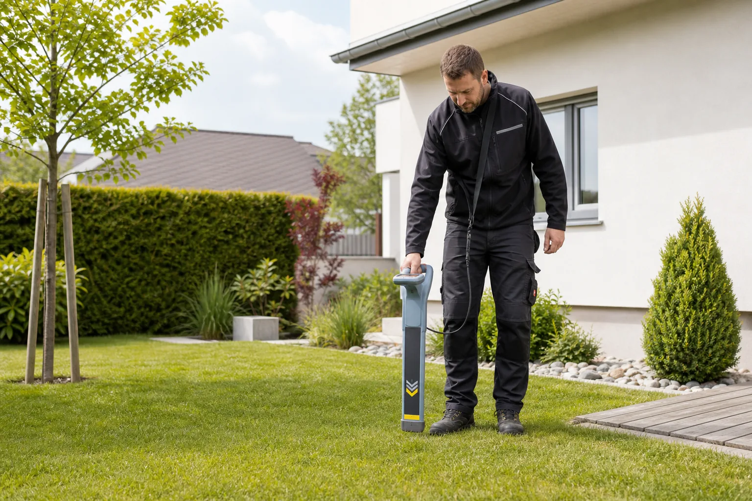 Prüfung einer erdverlegten Gartenleitung mit Ortungsgerät
