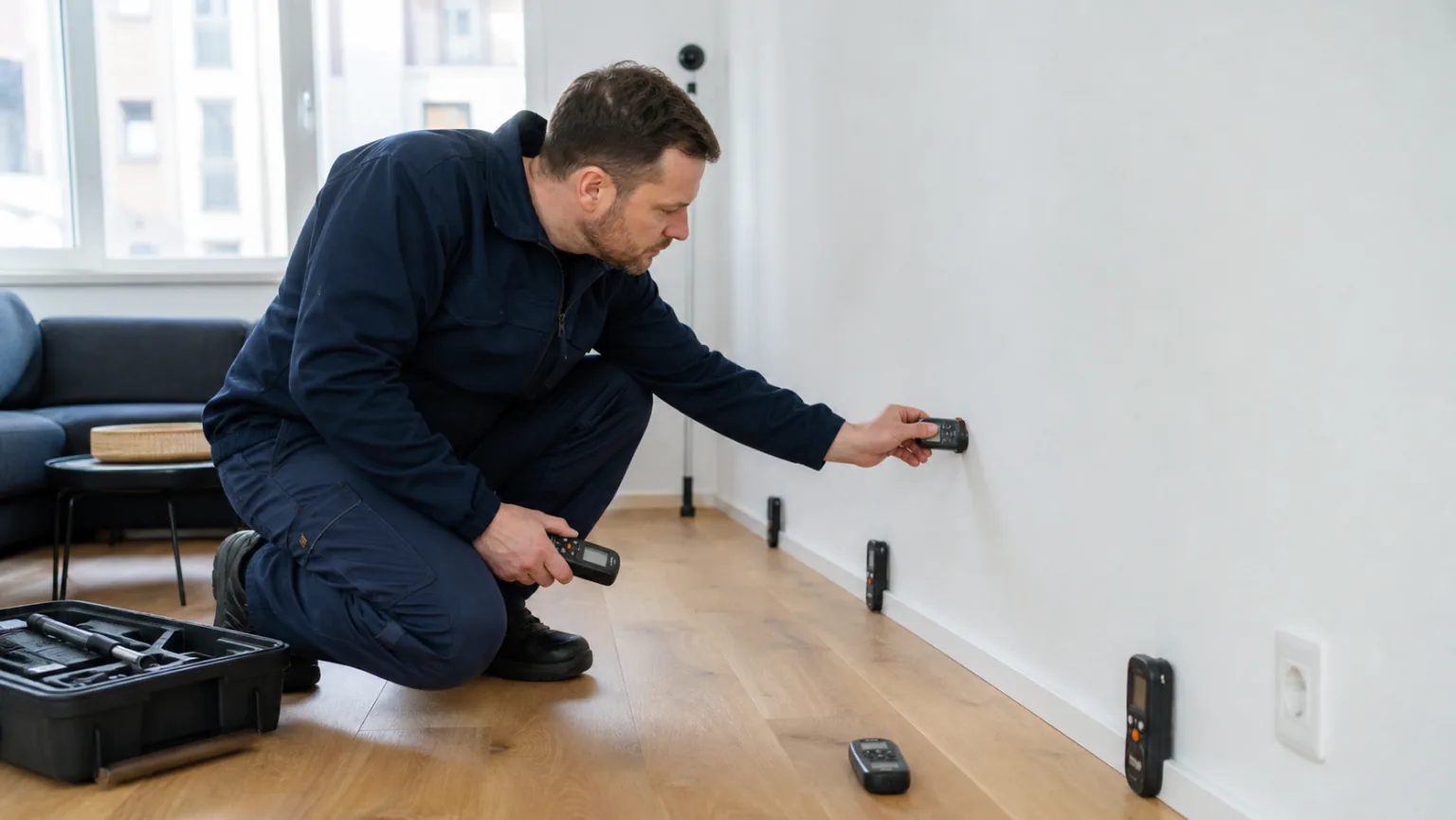Feuchtemessung mit markierten Vergleichspunkten auf Wand und Boden