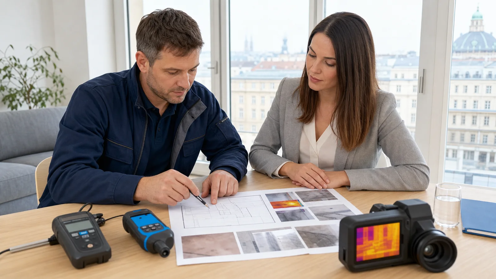 Techniker und Hausverwaltung besprechen einen Leckortungsbericht mit Messbildern