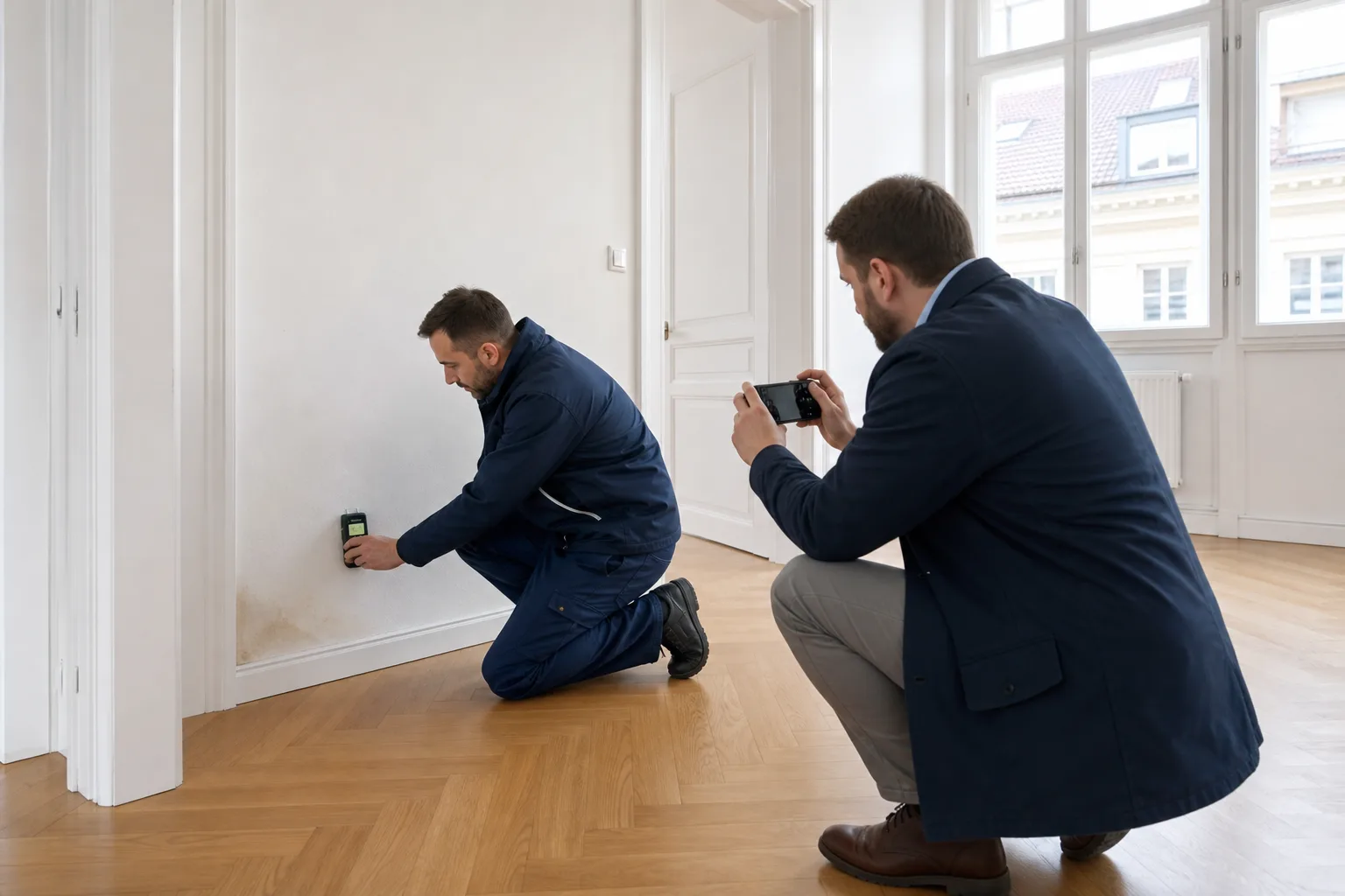 Techniker und Verwalter dokumentieren Feuchte in einer leeren Wohnung