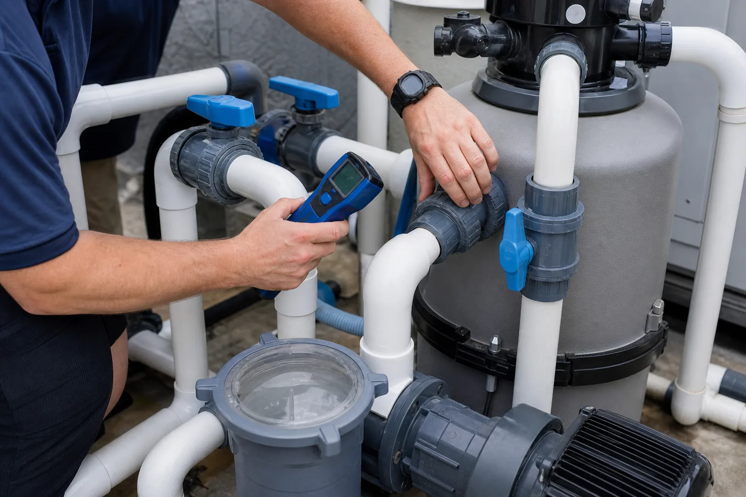Kontrolle der Pooltechnik im Pumpenbetrieb