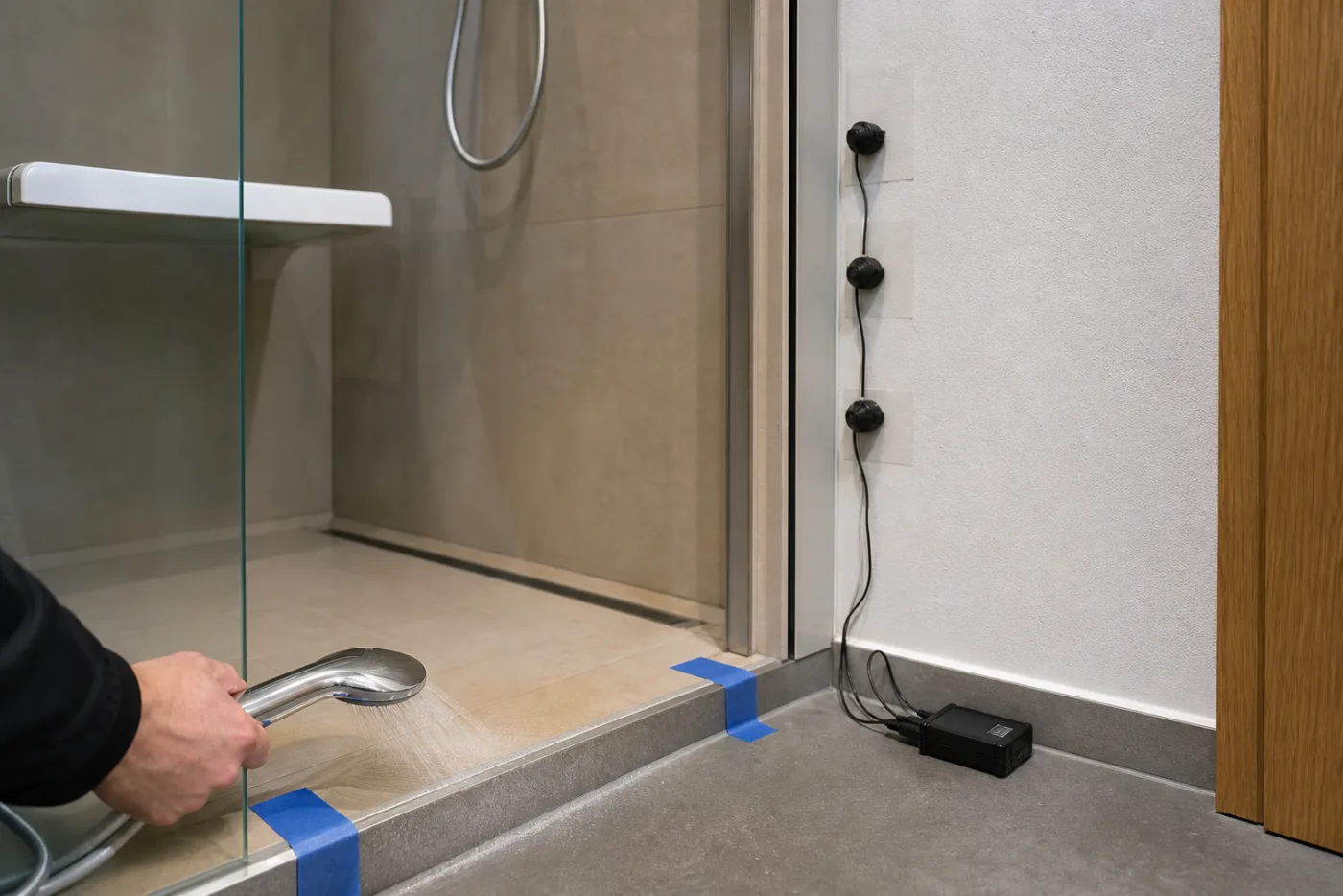 Kontrollierter Test an Duschschwelle und Wand