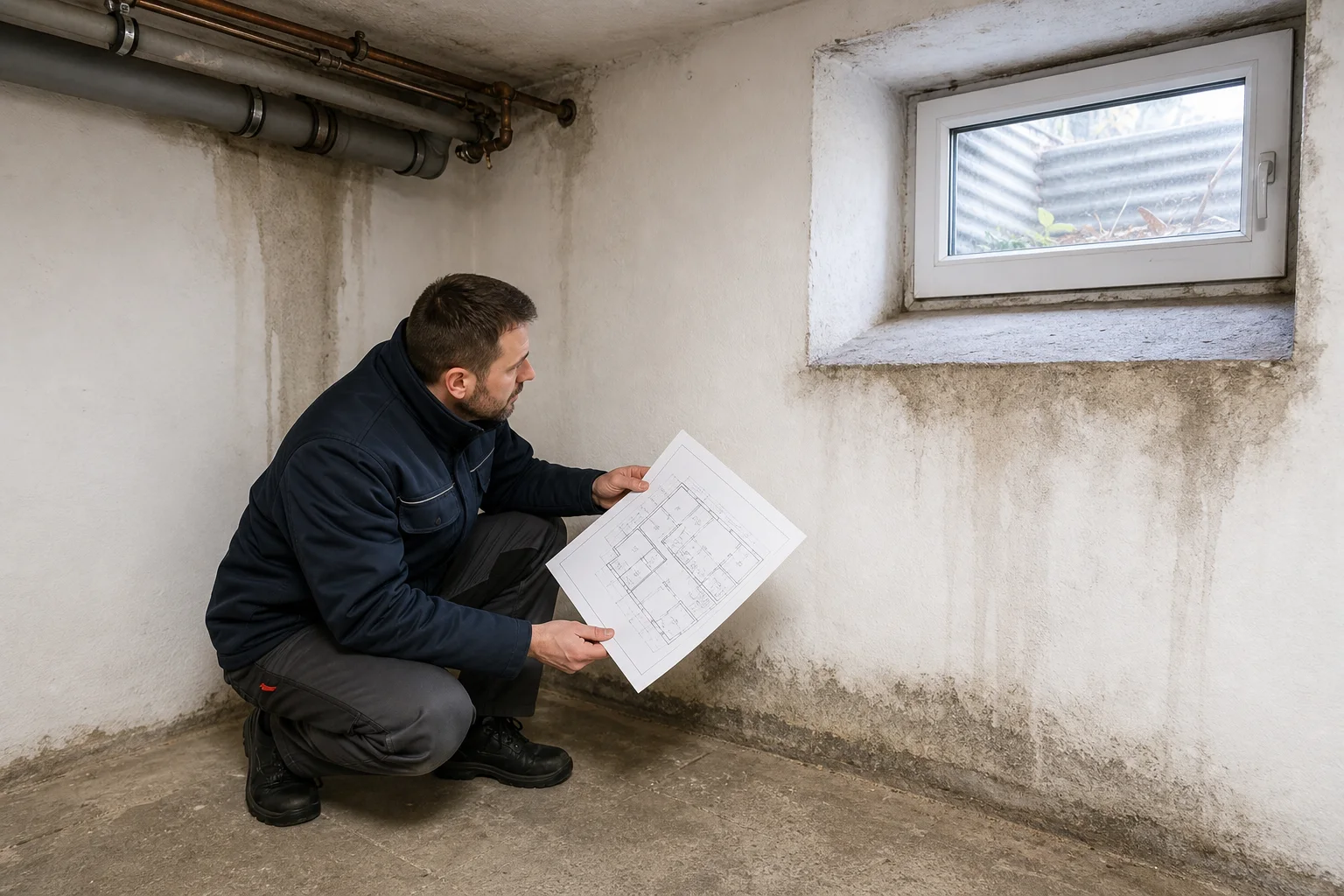 Techniker vergleicht Rohr-, Sockel- und Fensterpfad