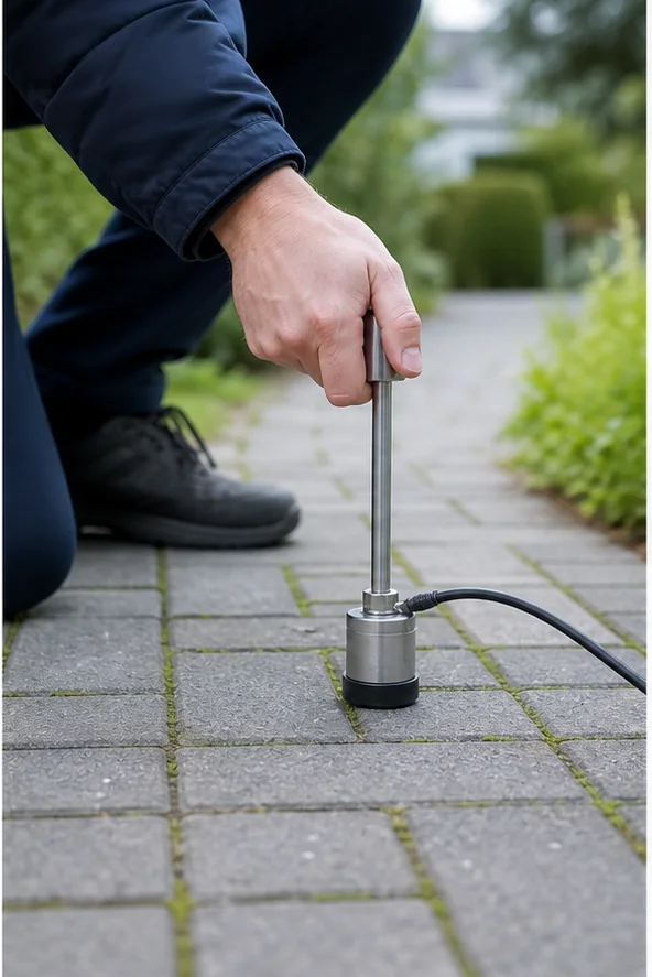 Akustische Prüfung einer vermuteten Gartenleitung auf befestigtem Untergrund