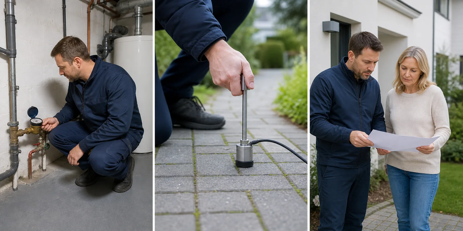 Techniker kontrolliert Hausanschluss und Wasserzähler im Keller
