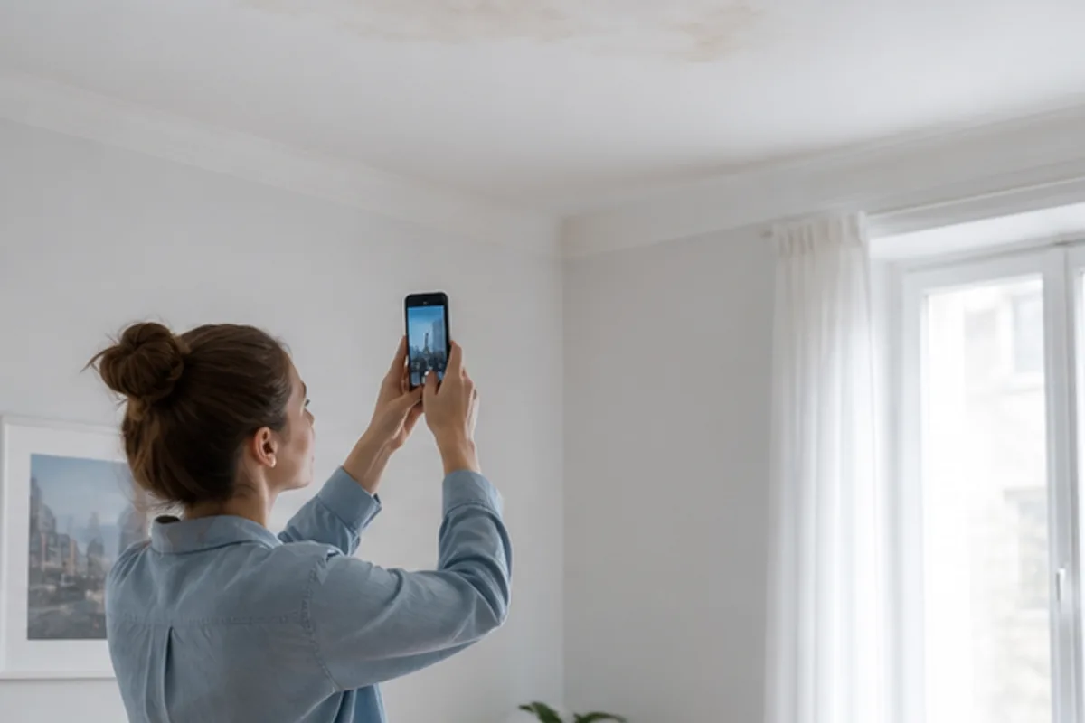 Wasserfleck an der Decke wird aus sicherer Distanz dokumentiert