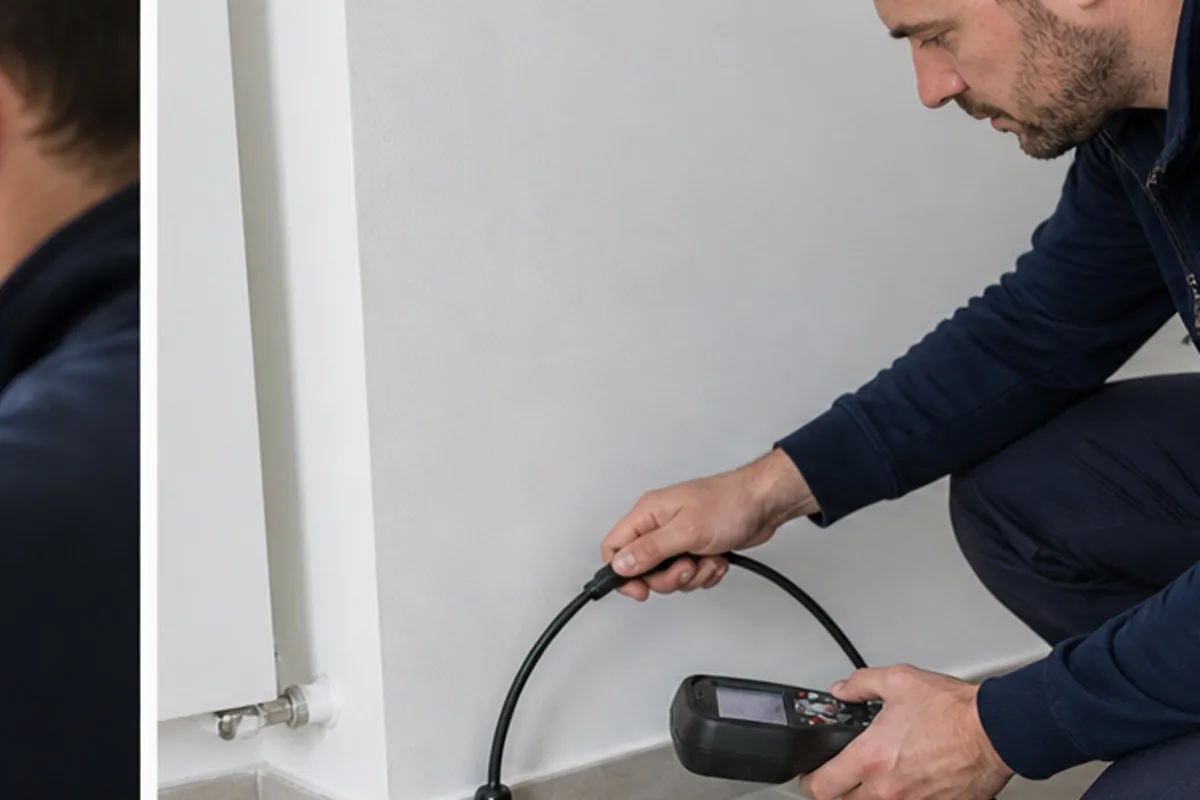 Techniker sucht Prüfgas an einem verdeckten Leitungsweg