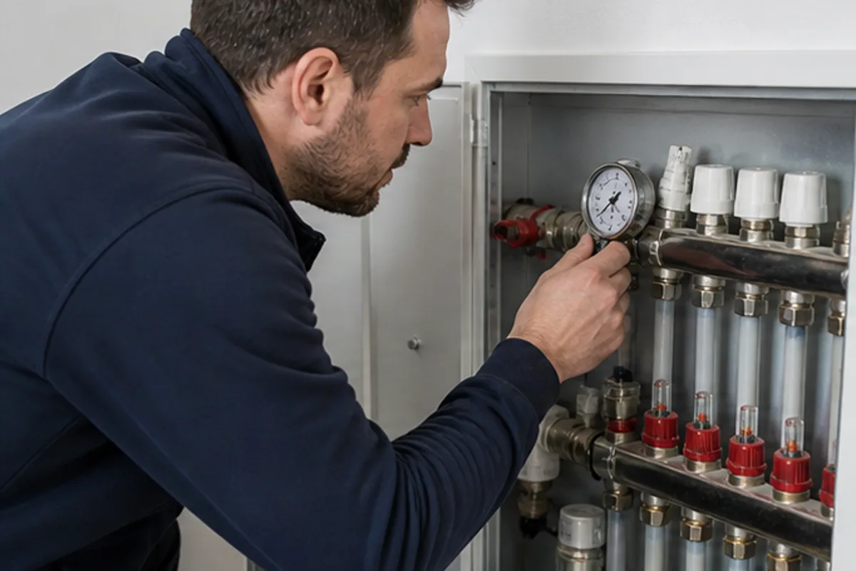 Techniker prüft Heizungsverteiler und Druckanzeige