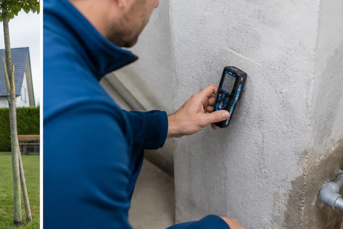Feuchtemessung an einer Kellerwand nahe der Leitungsdurchführung