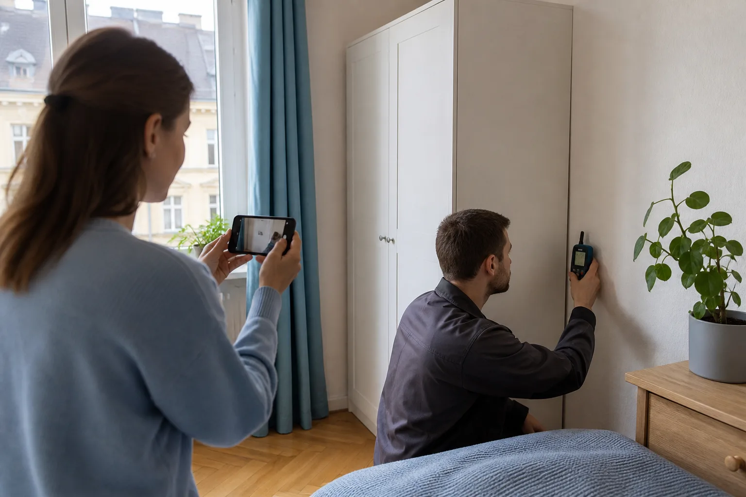 Bewohnerin dokumentiert Messung und Verlauf hinter einem Schrank
