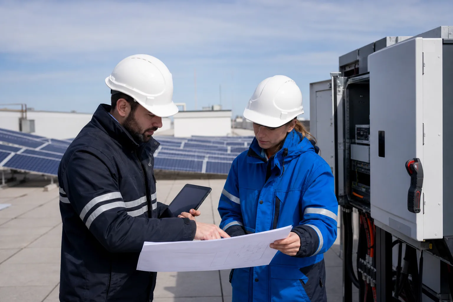 Dachtechnik und Photovoltaik-Fachkraft stimmen den Prüfbereich ab