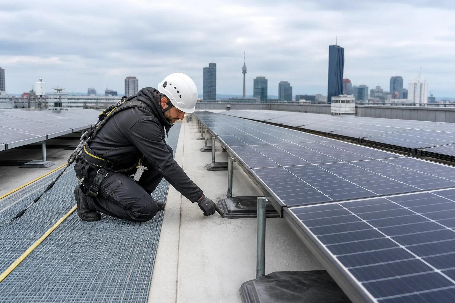 Techniker prüft ein Flachdach unter Photovoltaikmodulen