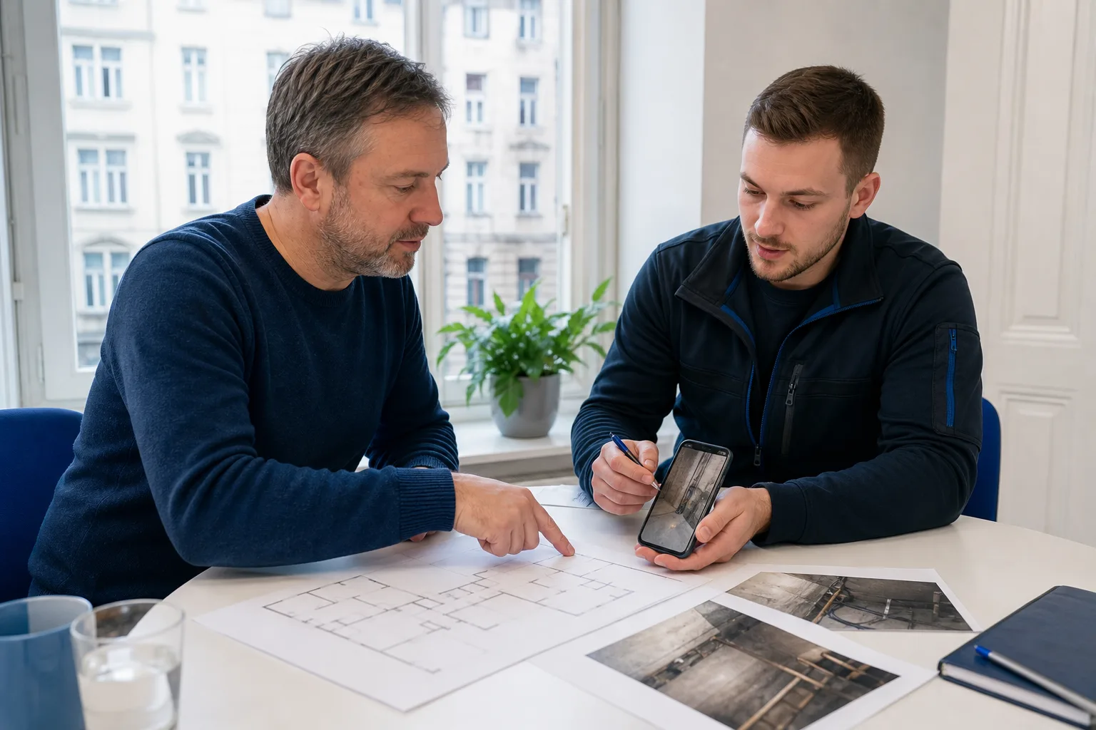 Hausverwaltung und Techniker koordinieren Zugänge anhand eines Plans