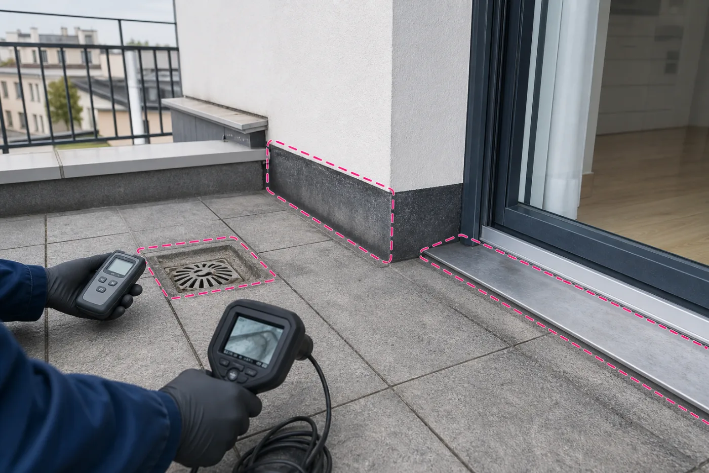 Ablauf, Hochzug und Türschwelle einer Dachterrasse werden getrennt geprüft