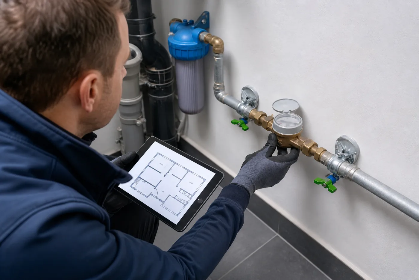 Wasserzähler und Leitungsplan werden gemeinsam geprüft