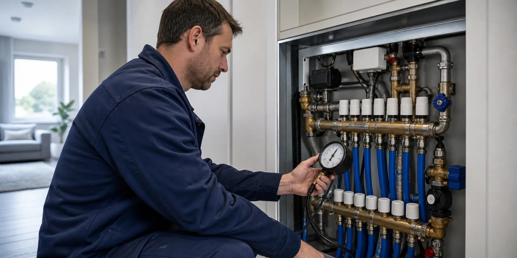 Techniker prüft Manometer und Heizungsverteiler in einem Wohnhaus