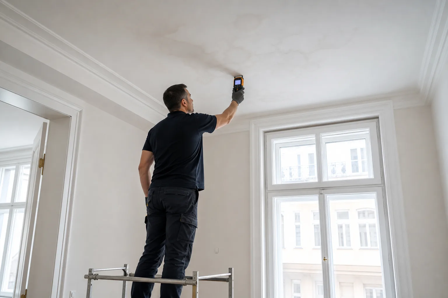 Feuchtemapping an einer Decke aus sicherem Abstand durch Fachpersonal