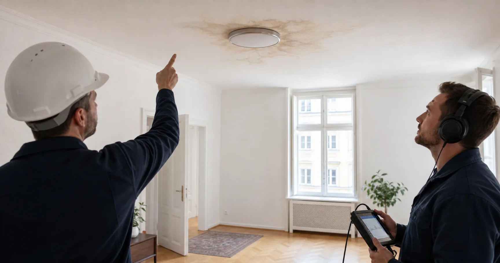 Gesicherter Wohnraum mit Wasserfleck nahe einer ausgeschalteten Deckenleuchte