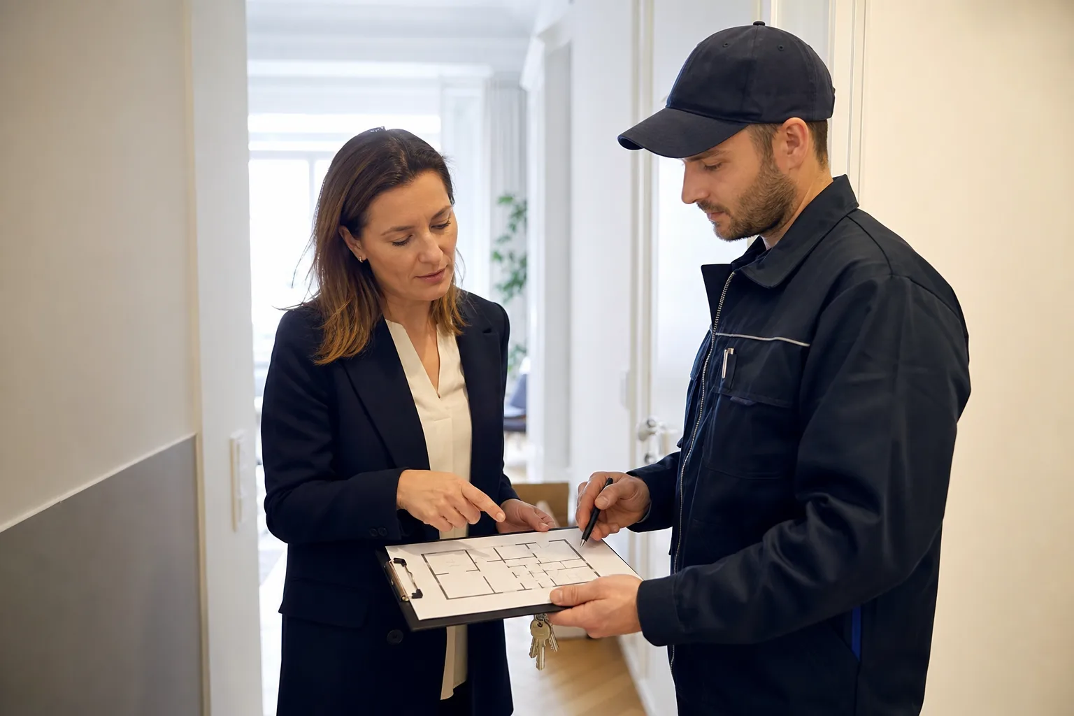 Hausverwaltung und Leckortung koordinieren Zugänge anhand eines Gebäudeplans