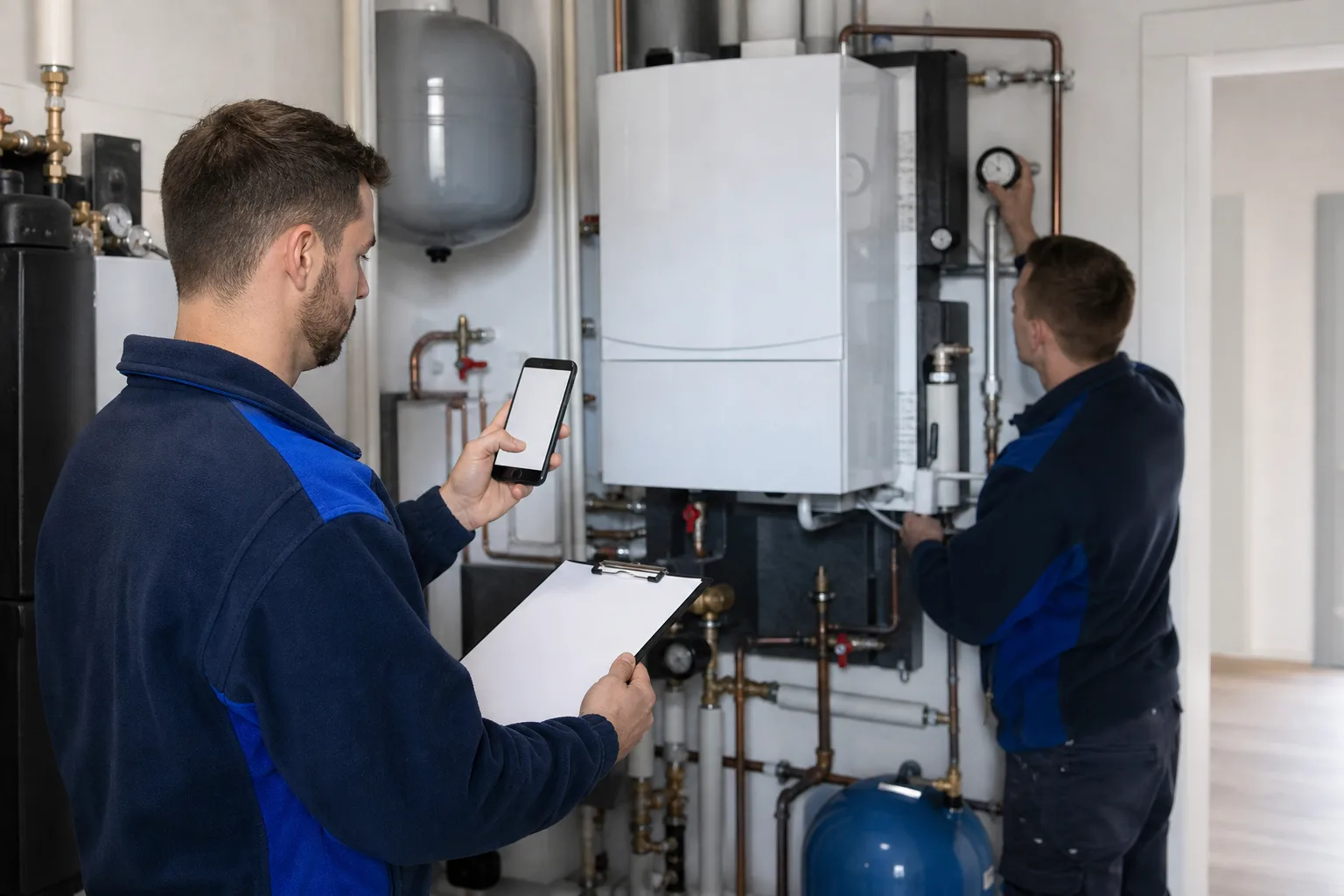 Techniker dokumentieren den Zustand einer Heizungsanlage