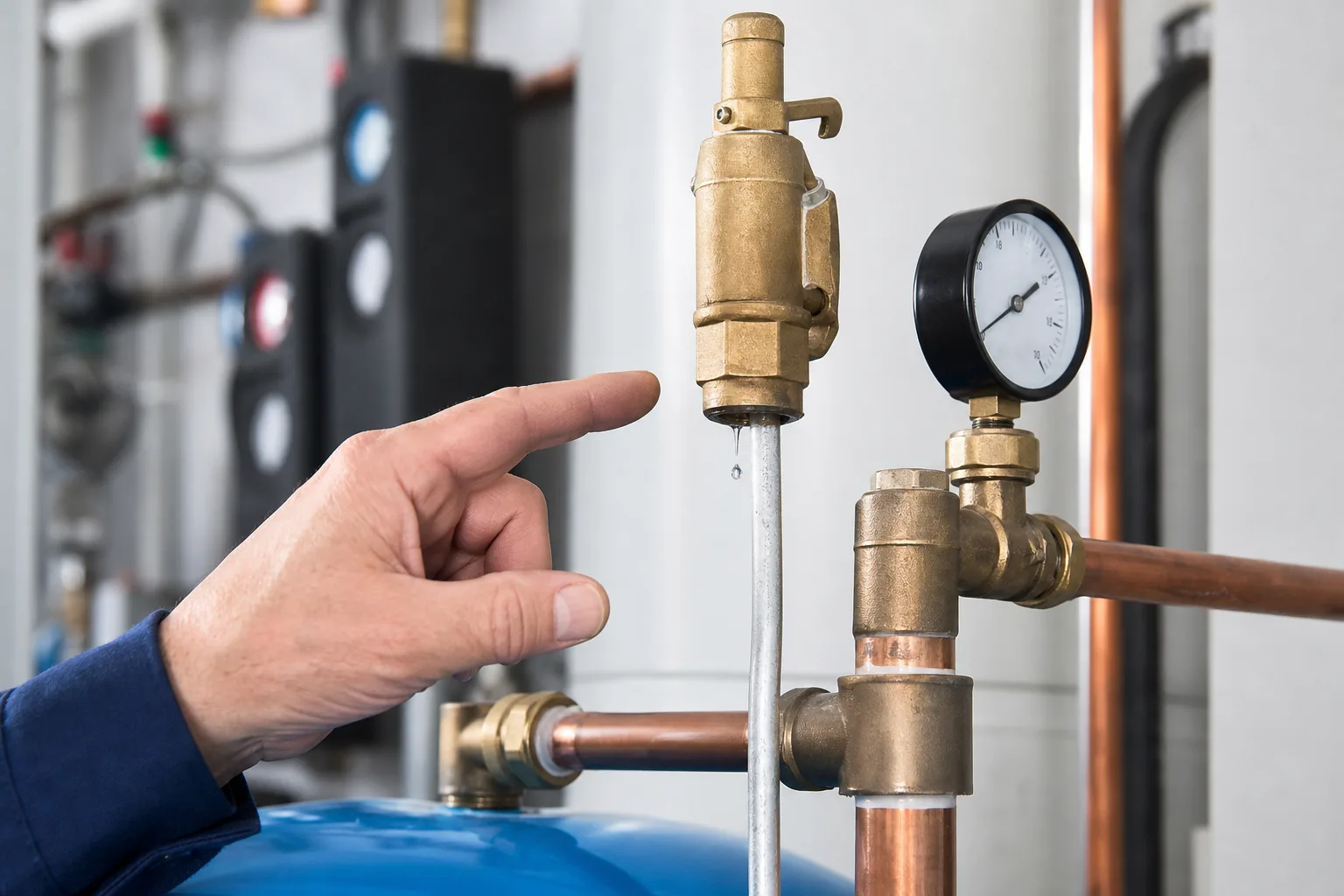 Nahaufnahme von Sicherheitsventil und Manometer bei der Heizungsprüfung