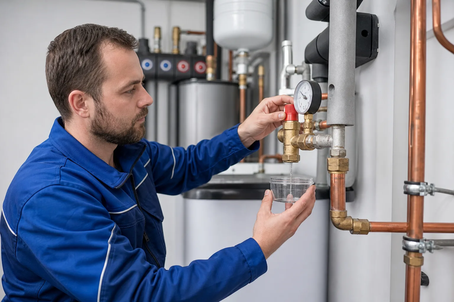 Techniker prüft ein tropfendes Sicherheitsventil an einer Heizungsanlage