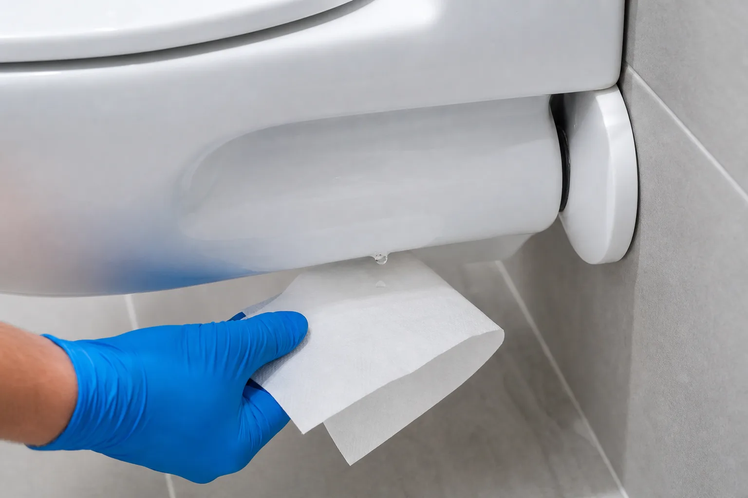 Kontrollierter Papiertest an der Unterseite eines Wand-WCs