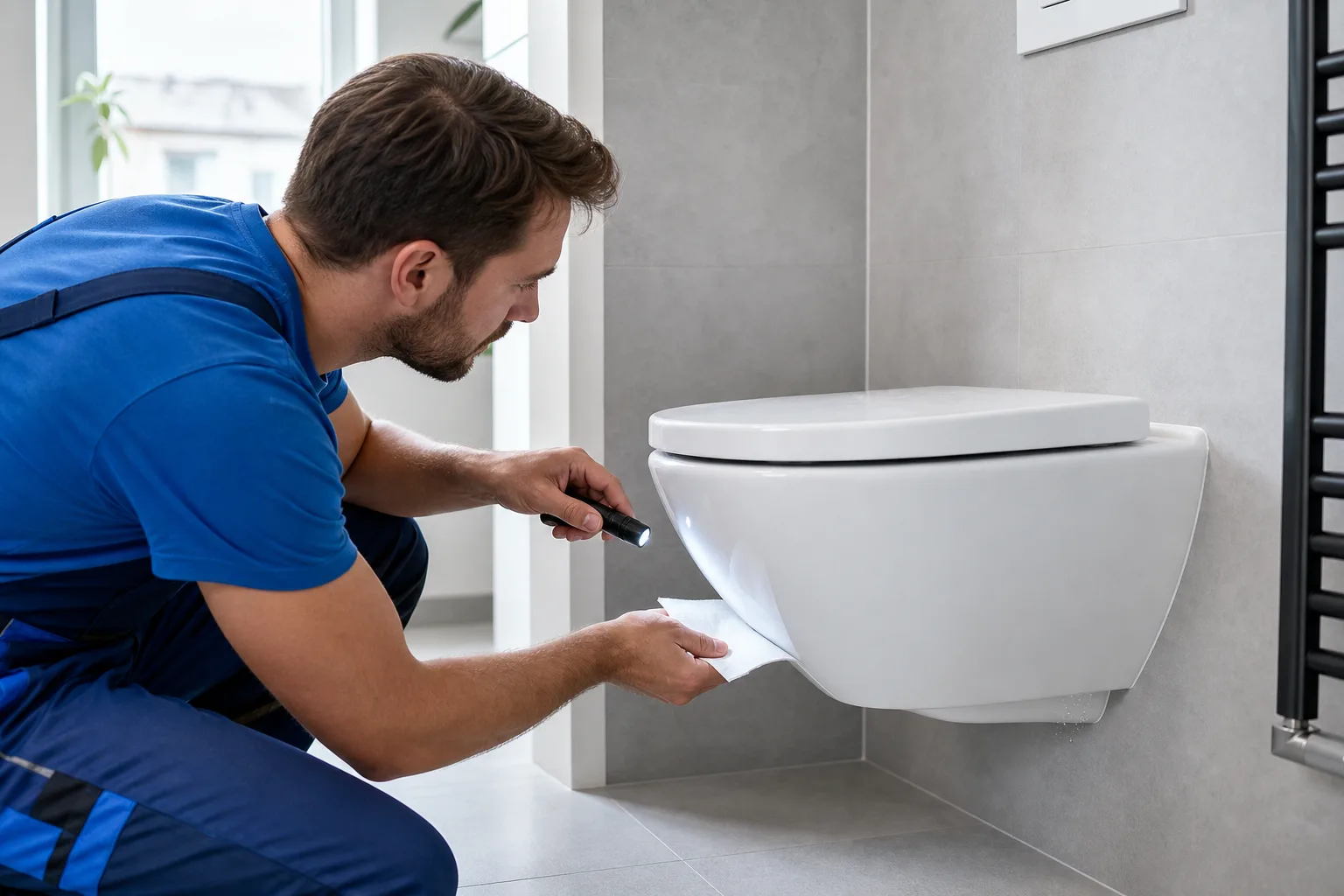 Sanitärtechniker prüft ein WC, das nur beim Spülen außen nass wird