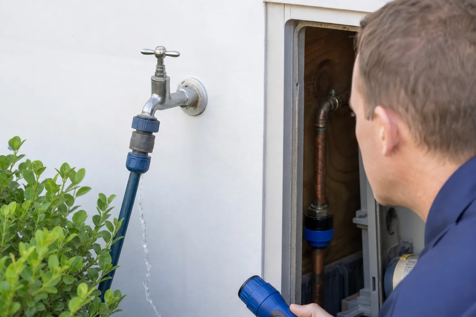 Techniker prüft einen Außenwasserhahn und die Wanddurchführung