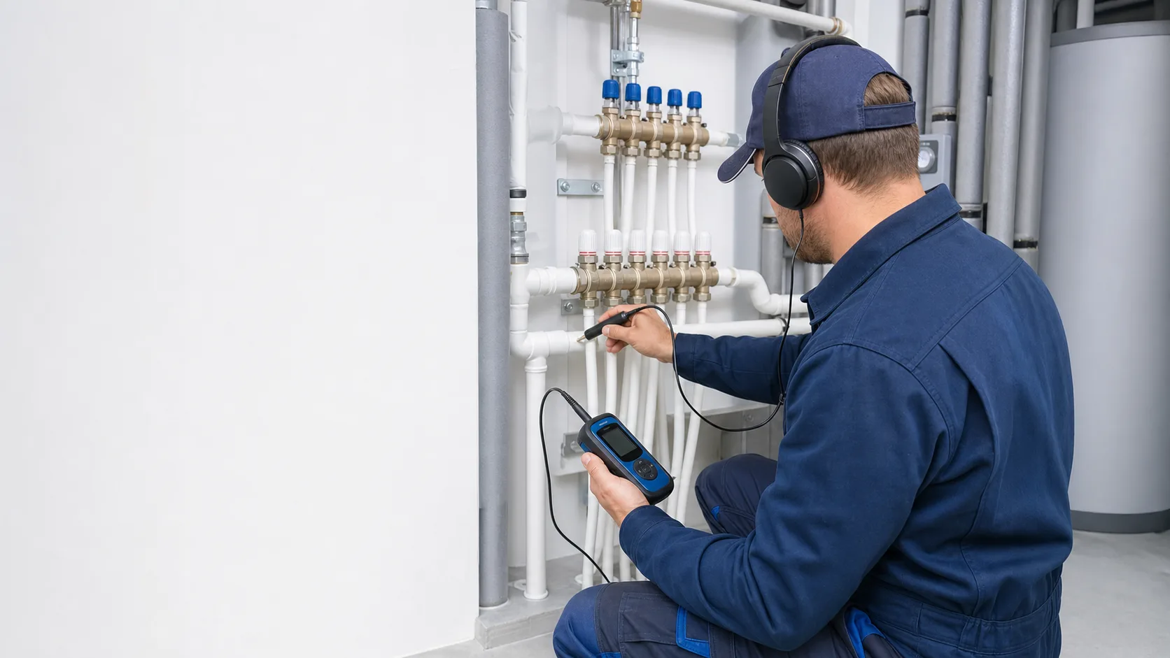 Techniker prüft eine Kunststoffleitung mit akustischem Sensor
