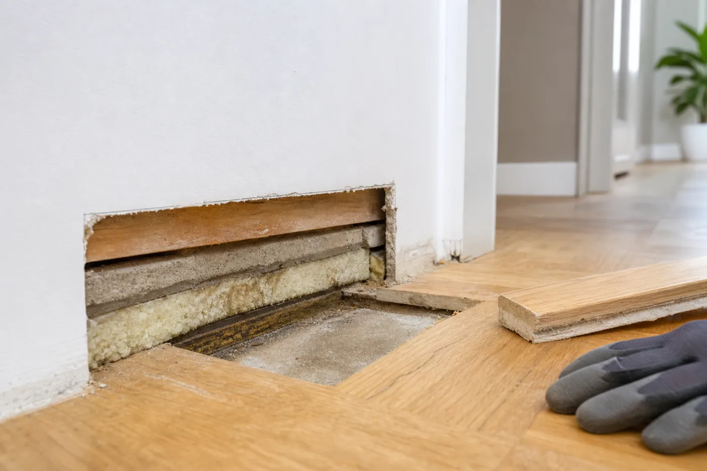 Kleine Prüföffnung zeigt Estrich- und Dämmschichtaufbau