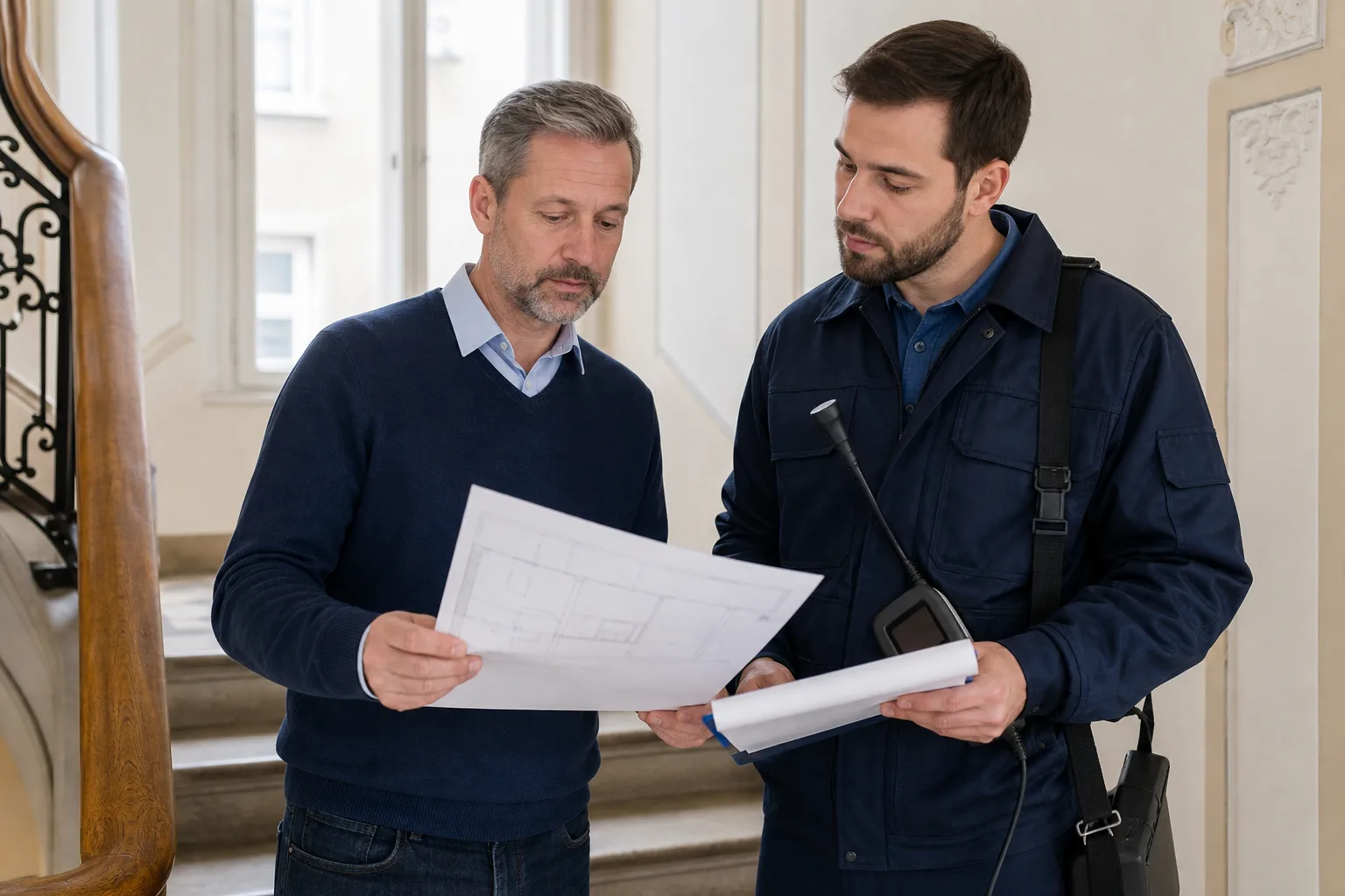 Hausverwaltung und Techniker stimmen Grundriss und Zugänge ab