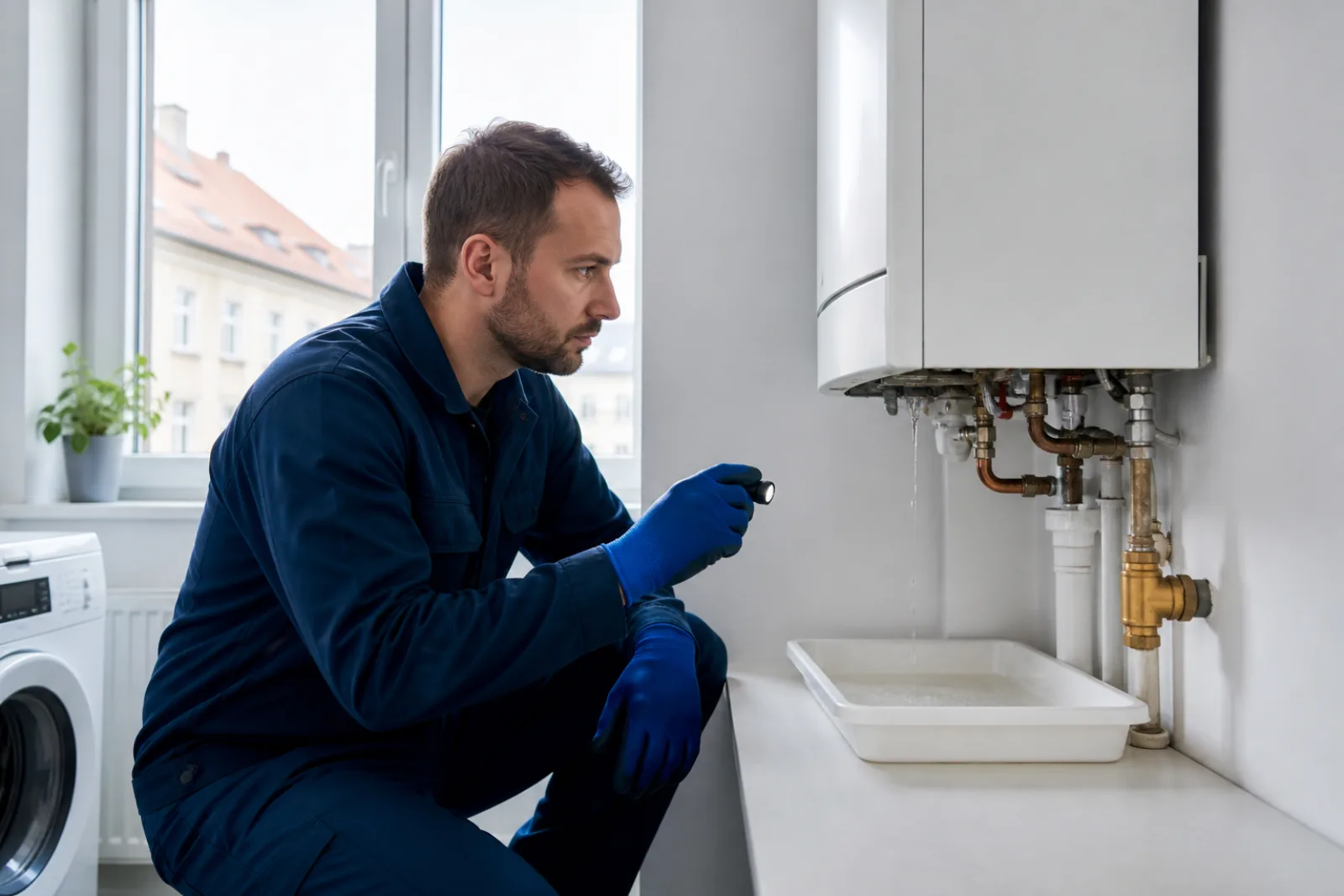 Techniker prüft einen tropfenden Boiler