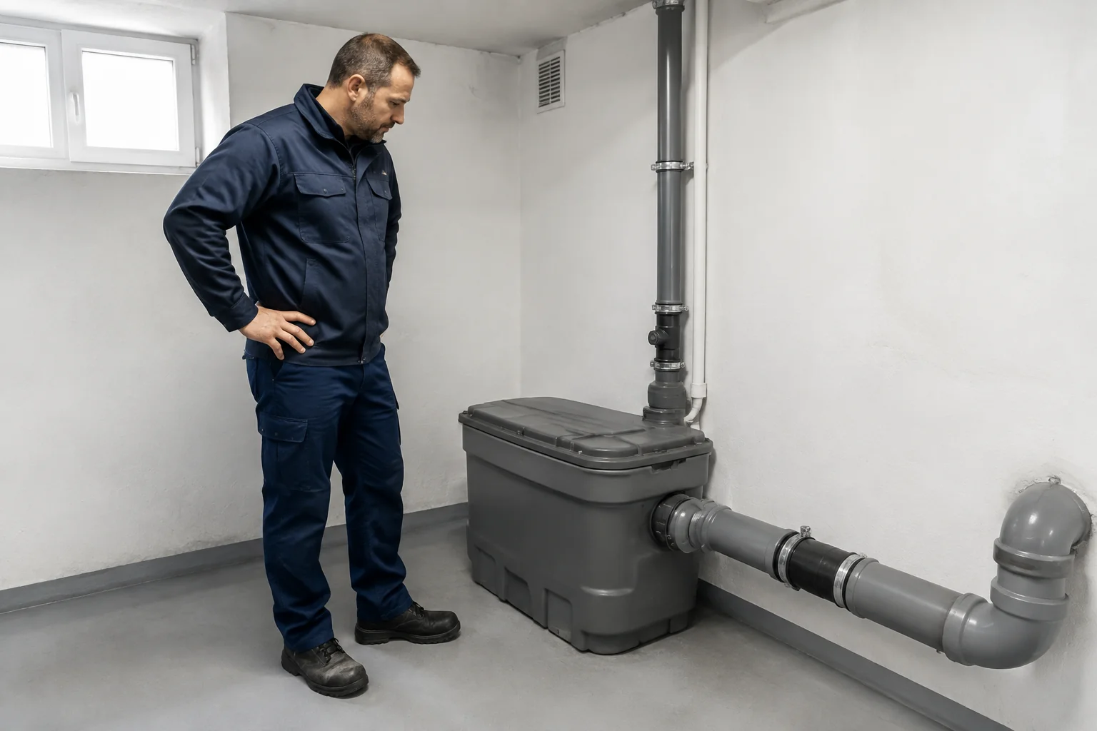 Geschlossene Abwasserhebeanlage im trockenen Keller mit beobachtendem Techniker
