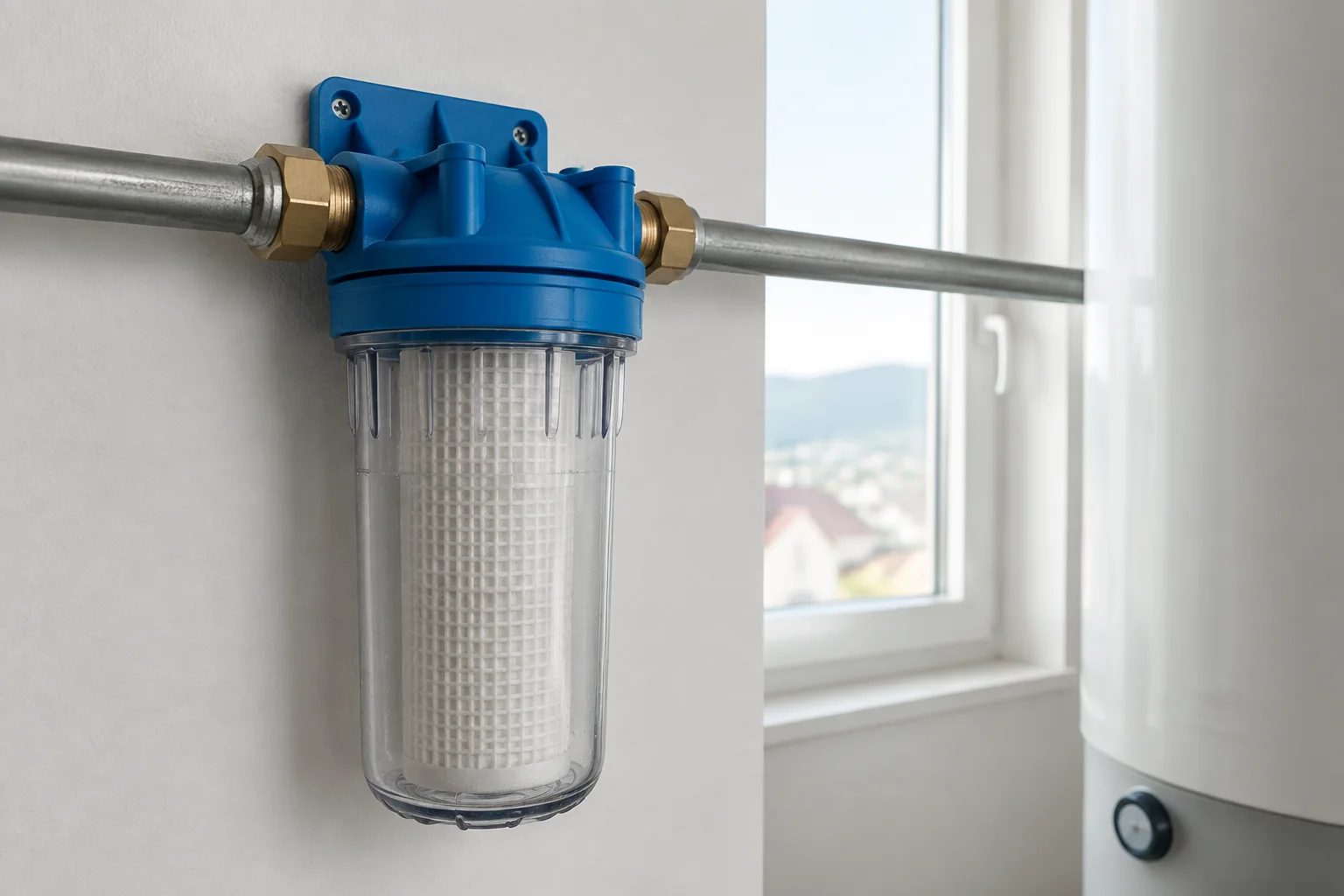 Geschlossener Hauswasserfilter mit transparenter Filtertasse an einer Wasserleitung