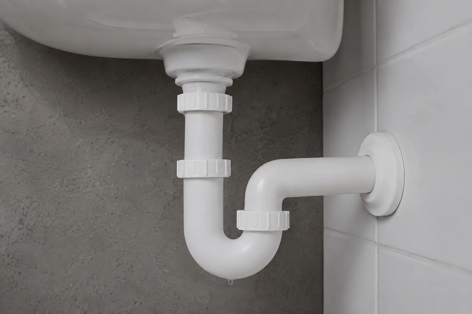 Geschlossener Kunststoffsiphon mit einer kleinen Wasserperle an der Unterseite