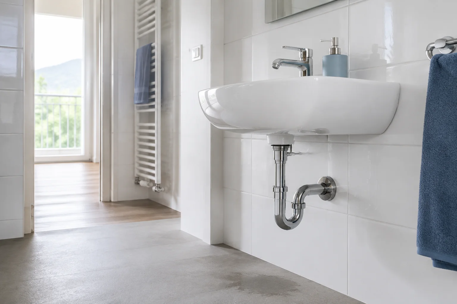 Waschbecken mit sichtbarem Siphon und kleiner feuchter Stelle am Boden