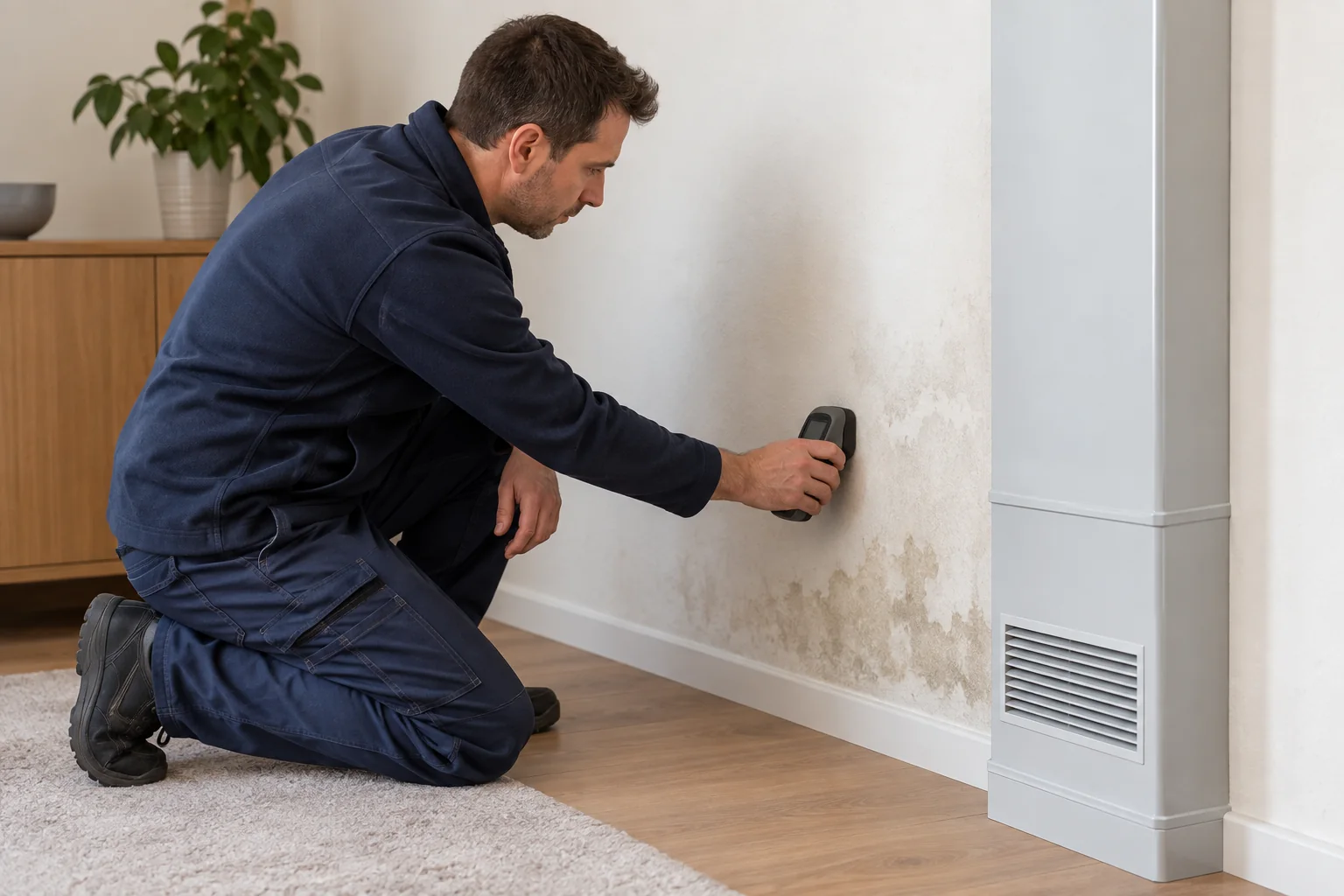 Feuchtemessung an einer Wand neben einer Lüftungsführung