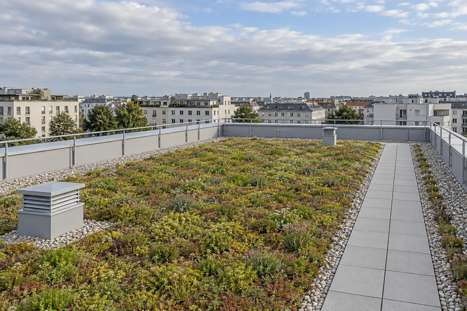 Extensiv begrüntes Dach mit Wartungsweg und gesichertem Rand in einer urbanen Wohnumgebung