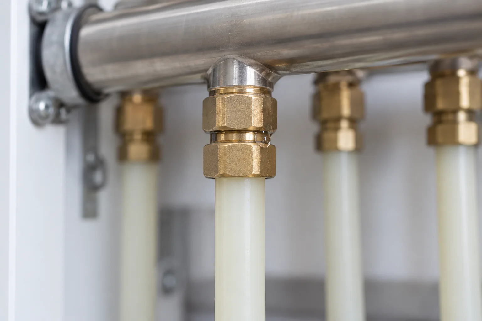 Einzelner Wassertropfen an einer Rohrverbindung unter einem Heizkreisverteiler