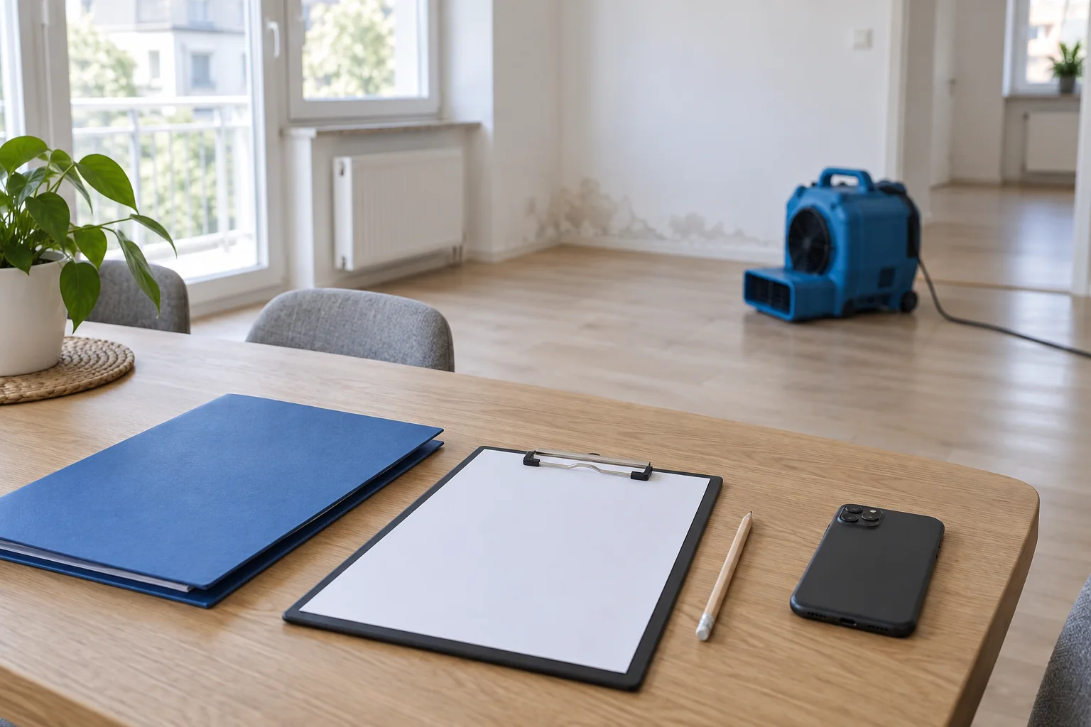 Blaue Dokumentenmappe und leeres Klemmbrett vor einer Trocknungssituation