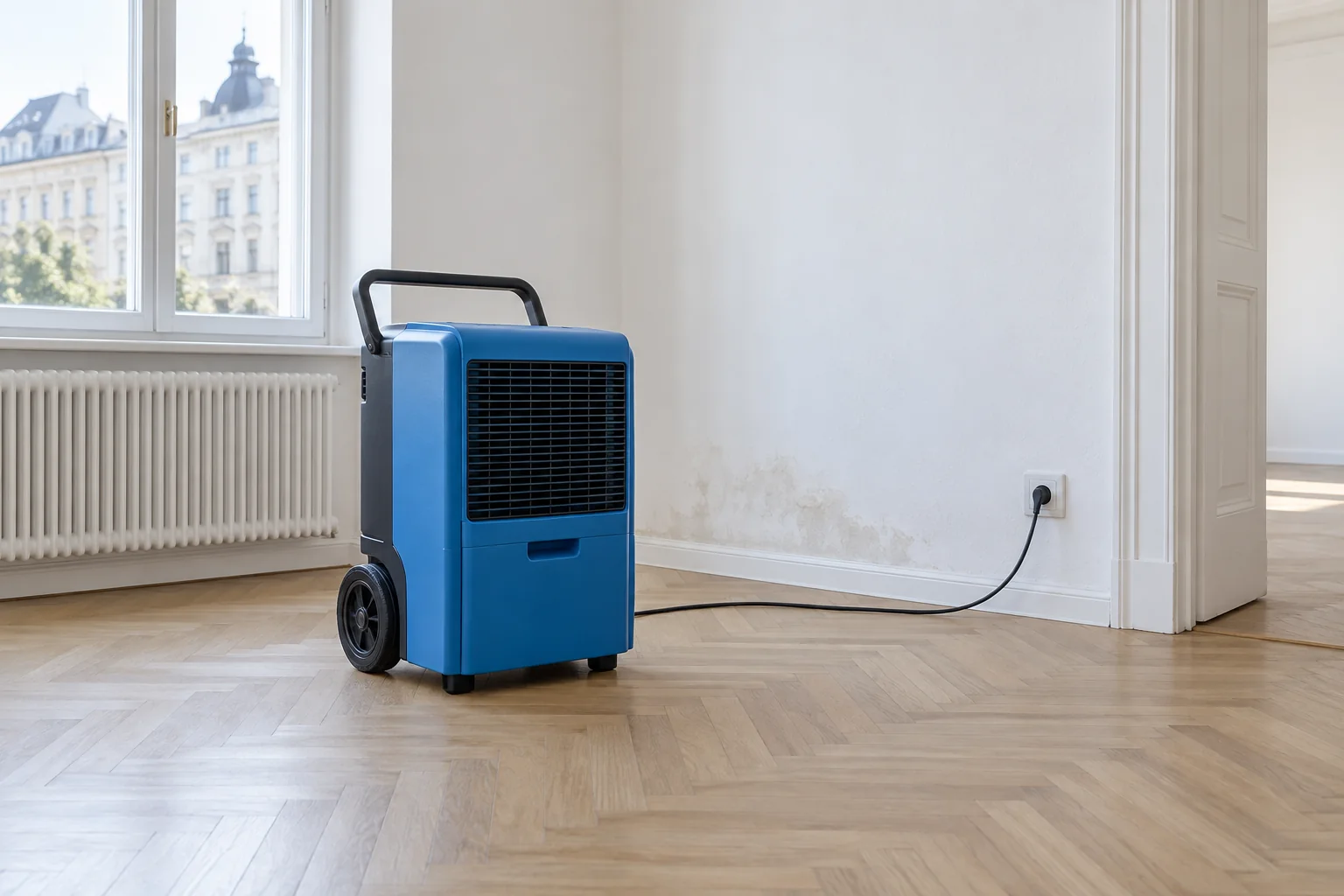 Blaues Trocknungsgerät in einer hellen Wohnung mit einer Feuchtespur am Wandfuß